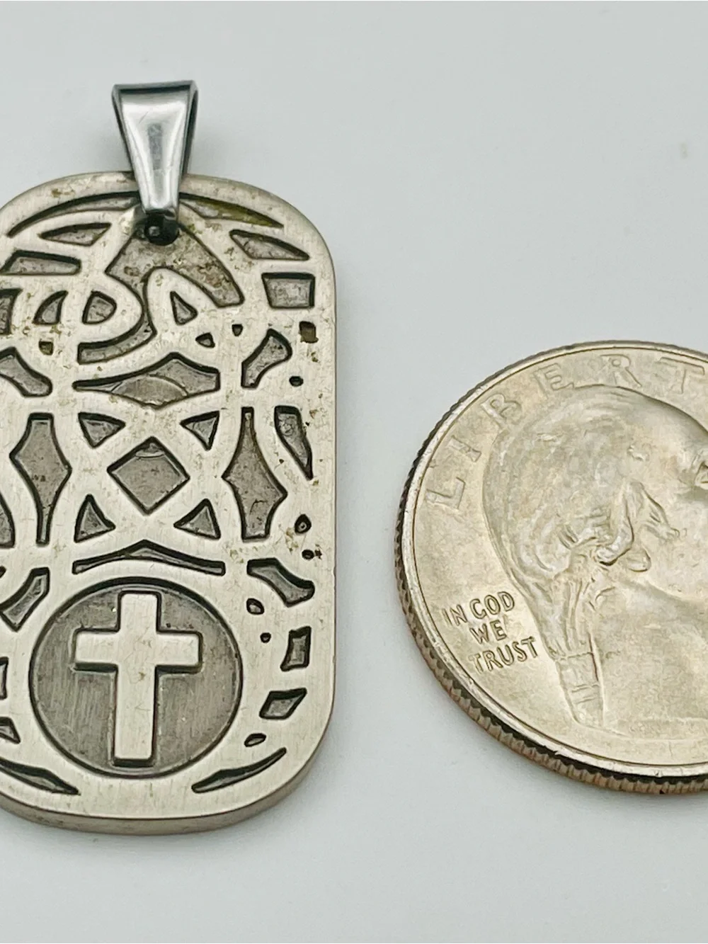 The North Ring Silver Copper, Magnetic DogTag Pendant w/Cross & Celtic scrolls